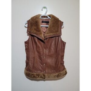 Dana Buchman Leather Vest Womens 10 Brown‎ Excellent Faux Fur Trim Moto Style